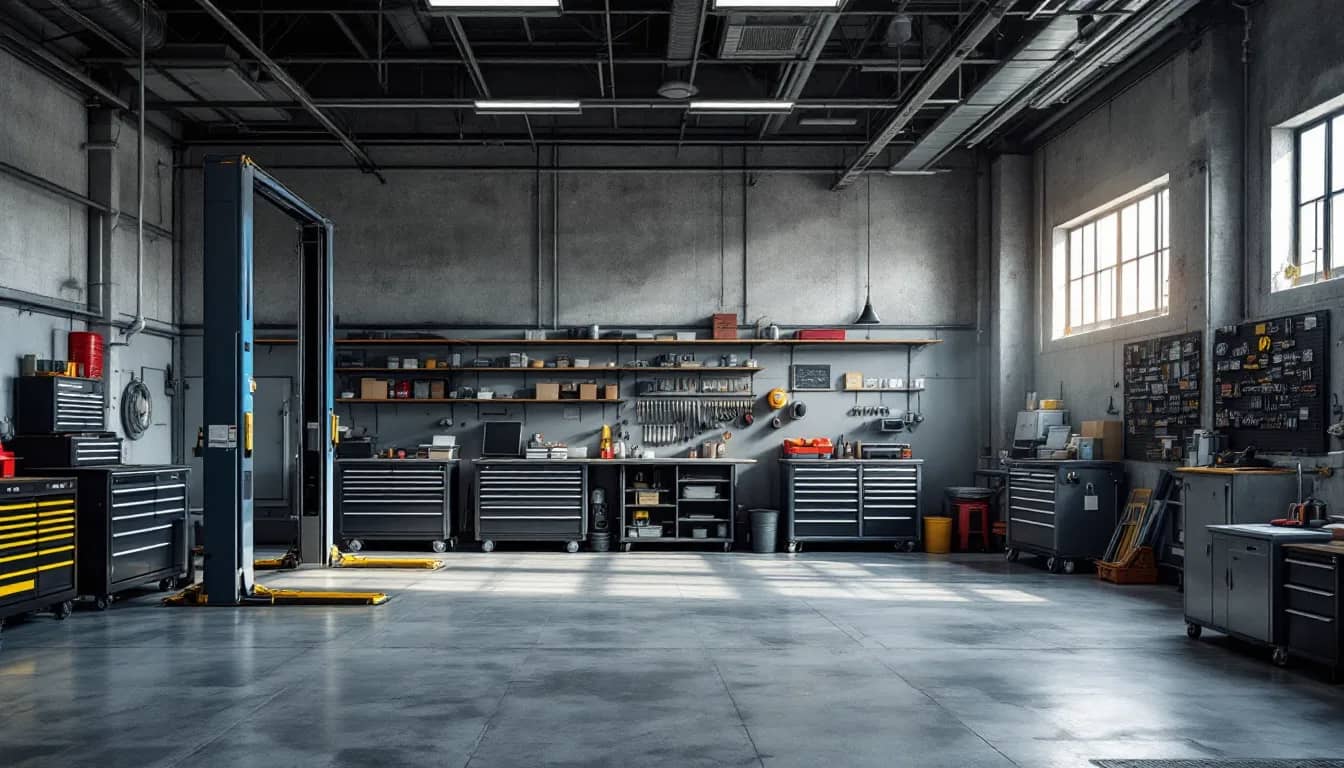Interior of an independent Mercedes-Benz repair workshop in Dallas with lifts and diagnostic equipment