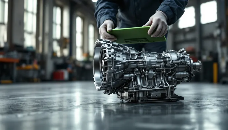 Replacement 722.9 valve body and conductor plate held above an open Mercedes-Benz transmission