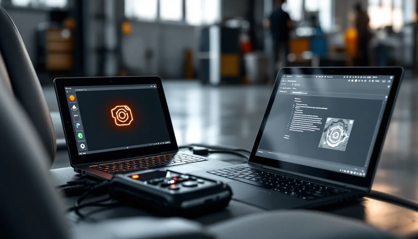 Diagnostic laptop connected to the OBD port of a Mercedes sedan in a repair bay with the dash lit