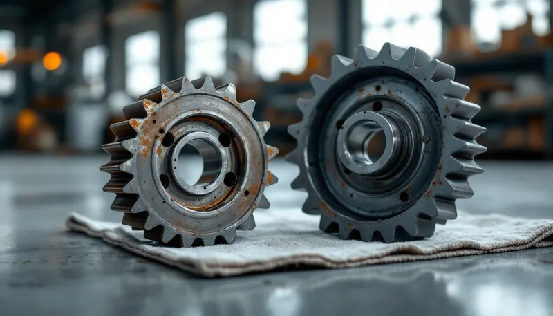 Worn and new Mercedes-Benz M272 balance shaft sprockets compared side by side