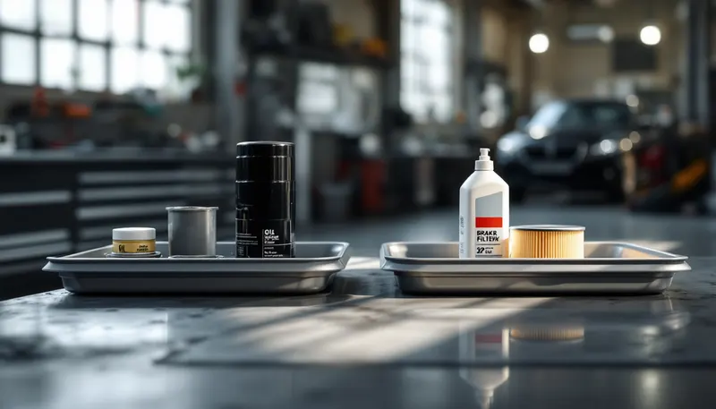 Parts for a Mercedes-Benz Service A and Service B laid out side by side