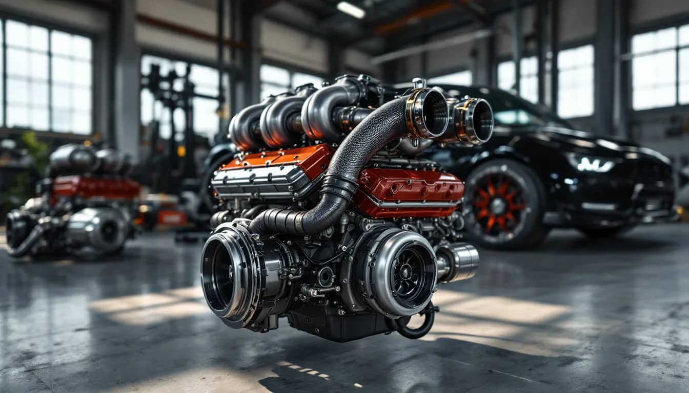 Mercedes-AMG twin-turbo V8 engine bay open for service at an independent Dallas shop