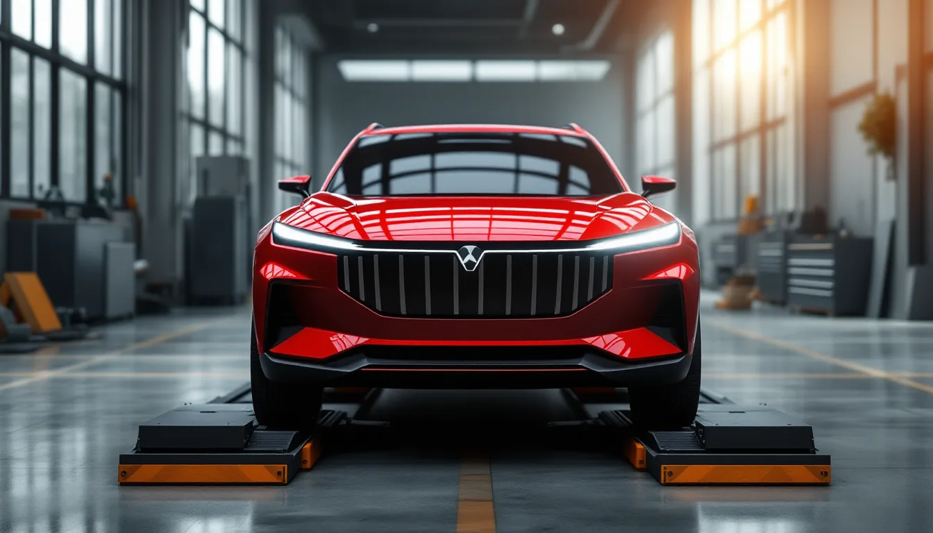 Red Mercedes-Benz GLA crossover on an alignment rack at an independent Dallas shop