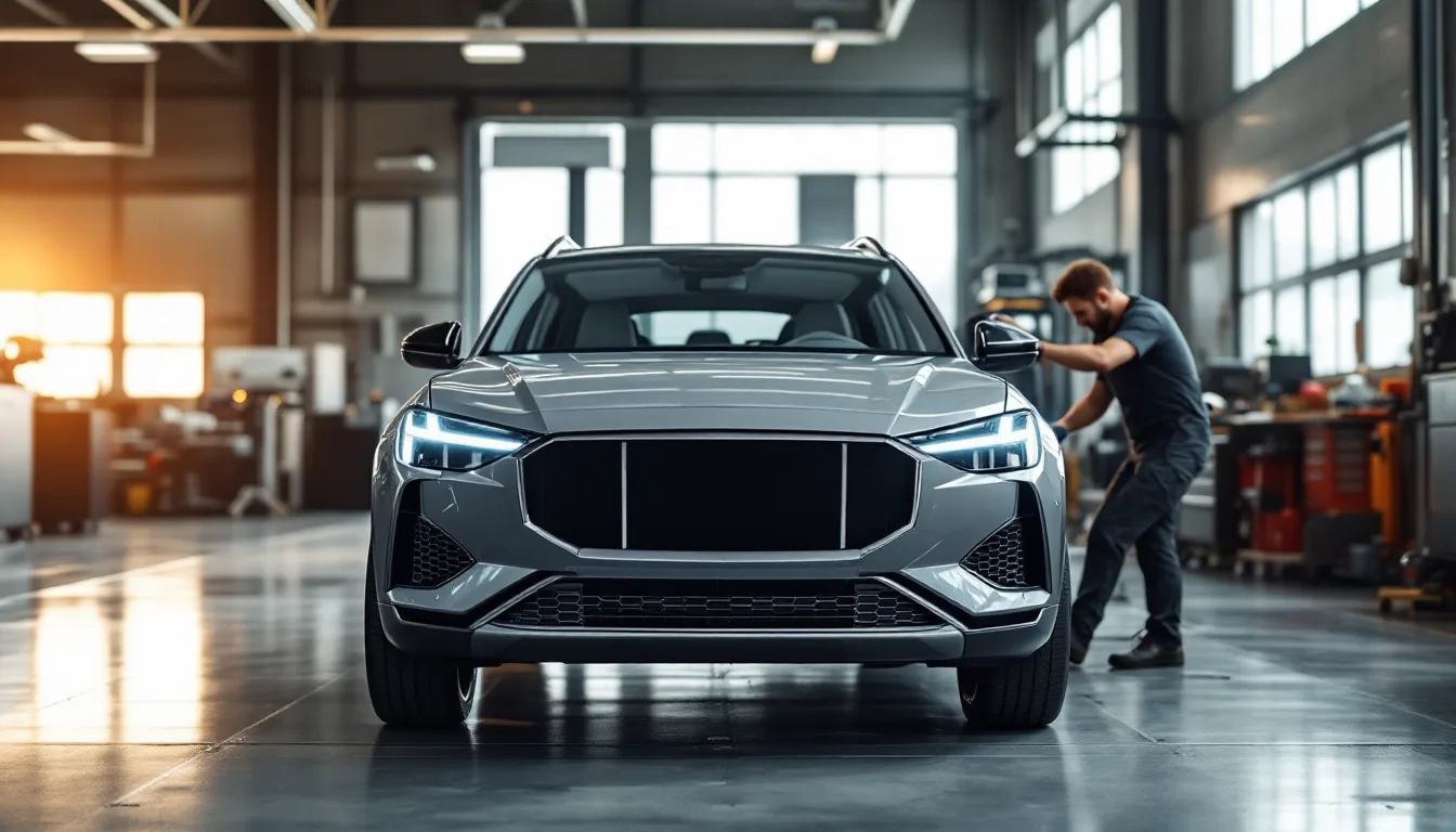 Grey Mercedes-Benz GLC in a Dallas service bay with a technician at the rear suspension