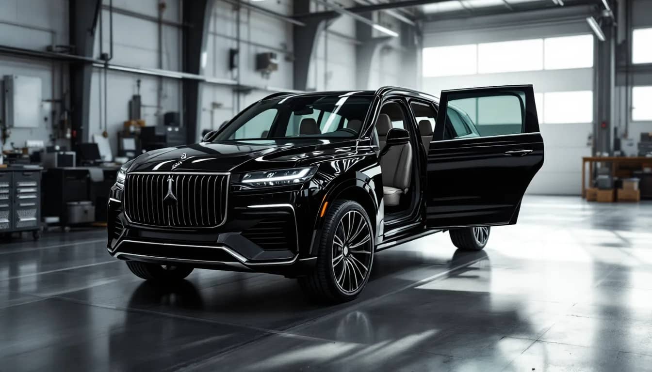 Black Mercedes-Benz GLS three-row SUV in a Dallas workshop for maintenance