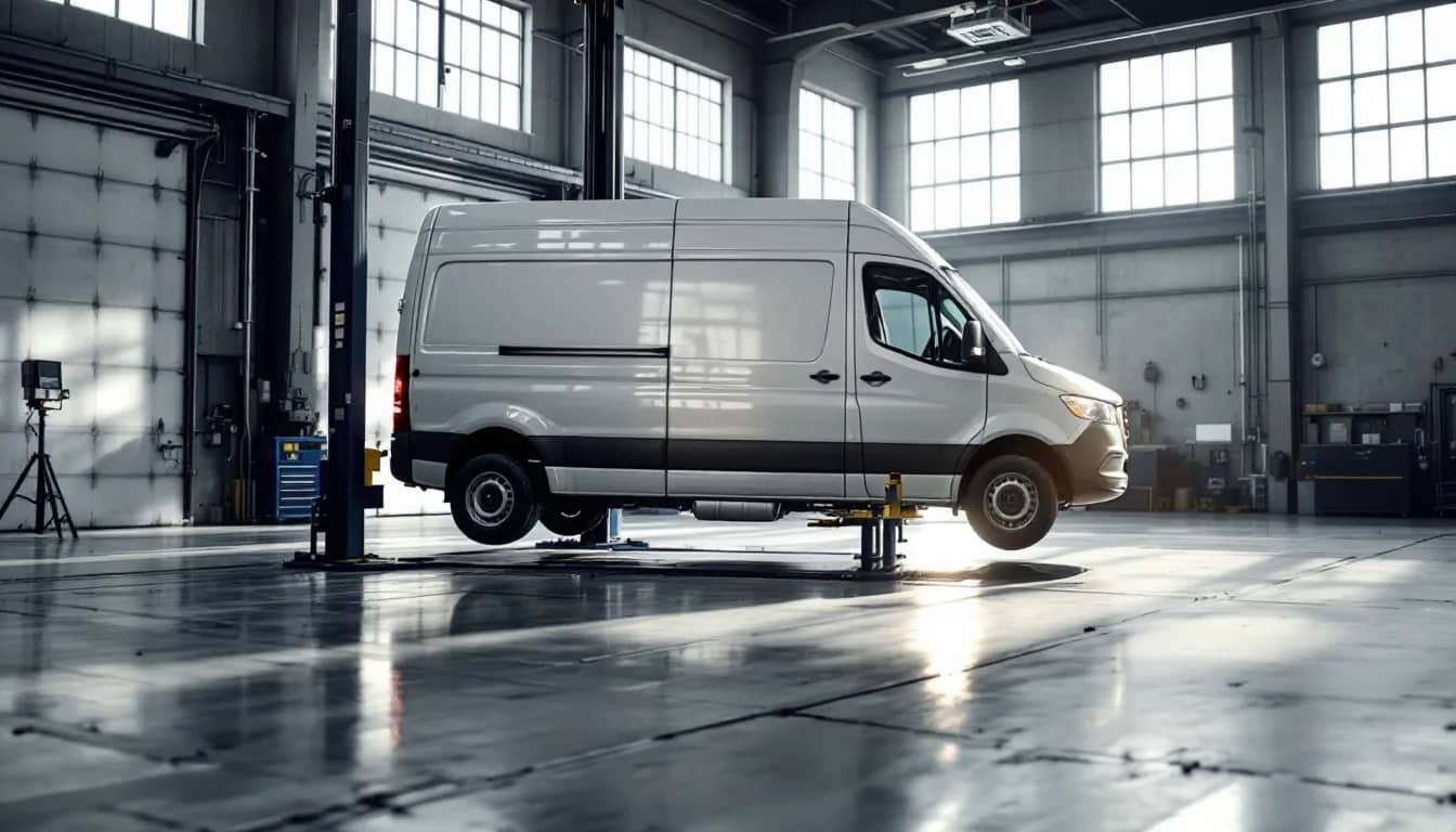 Mercedes-Benz Sprinter van on a heavy-duty lift for diesel service in Dallas
