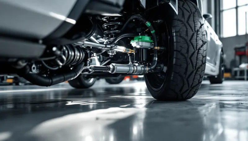 Technician inspecting ABC hydraulic suspension lines for leaks on a Mercedes-Benz coupe in Dallas