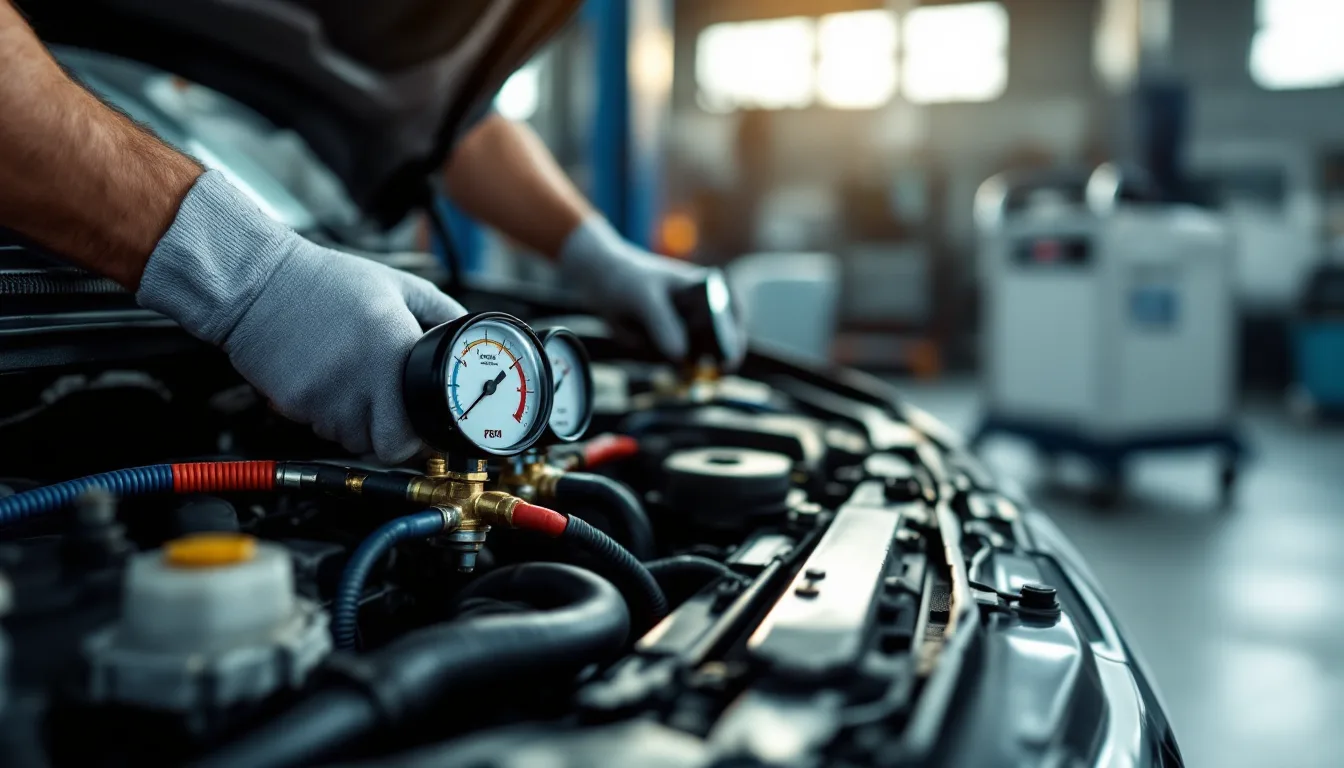 Manifold gauge set on the A/C service ports of a Mercedes-Benz during air-conditioning repair in Dallas