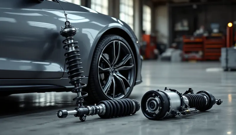 New Airmatic air strut next to the worn unit it replaces on a Mercedes-Benz in Dallas