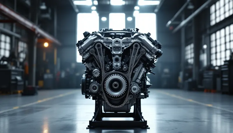 Timing chains and balance shaft gear exposed on a Mercedes-Benz M272 V6 during repair in Dallas