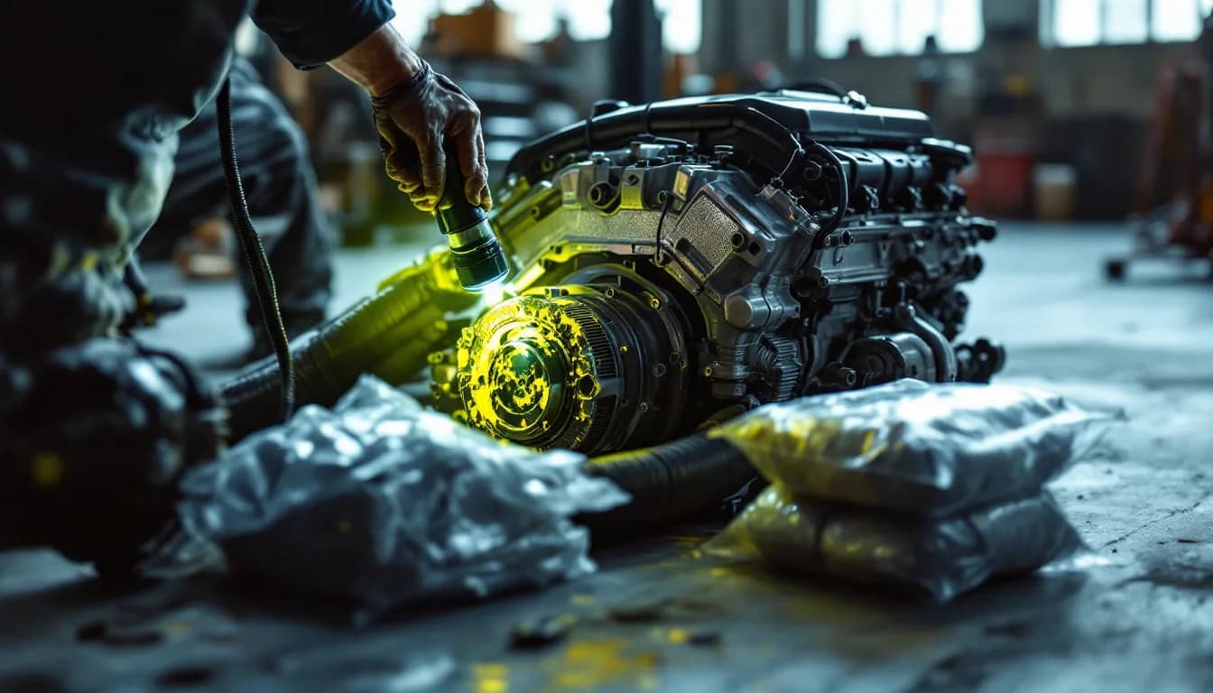 Tracing an oil cooler seal leak with UV dye on a Mercedes-Benz V8 engine in Dallas