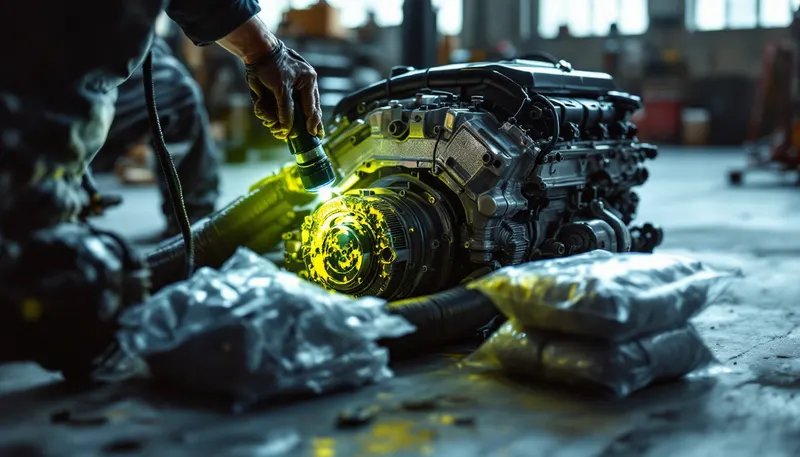 Tracing an oil cooler seal leak with UV dye on a Mercedes-Benz V8 engine in Dallas