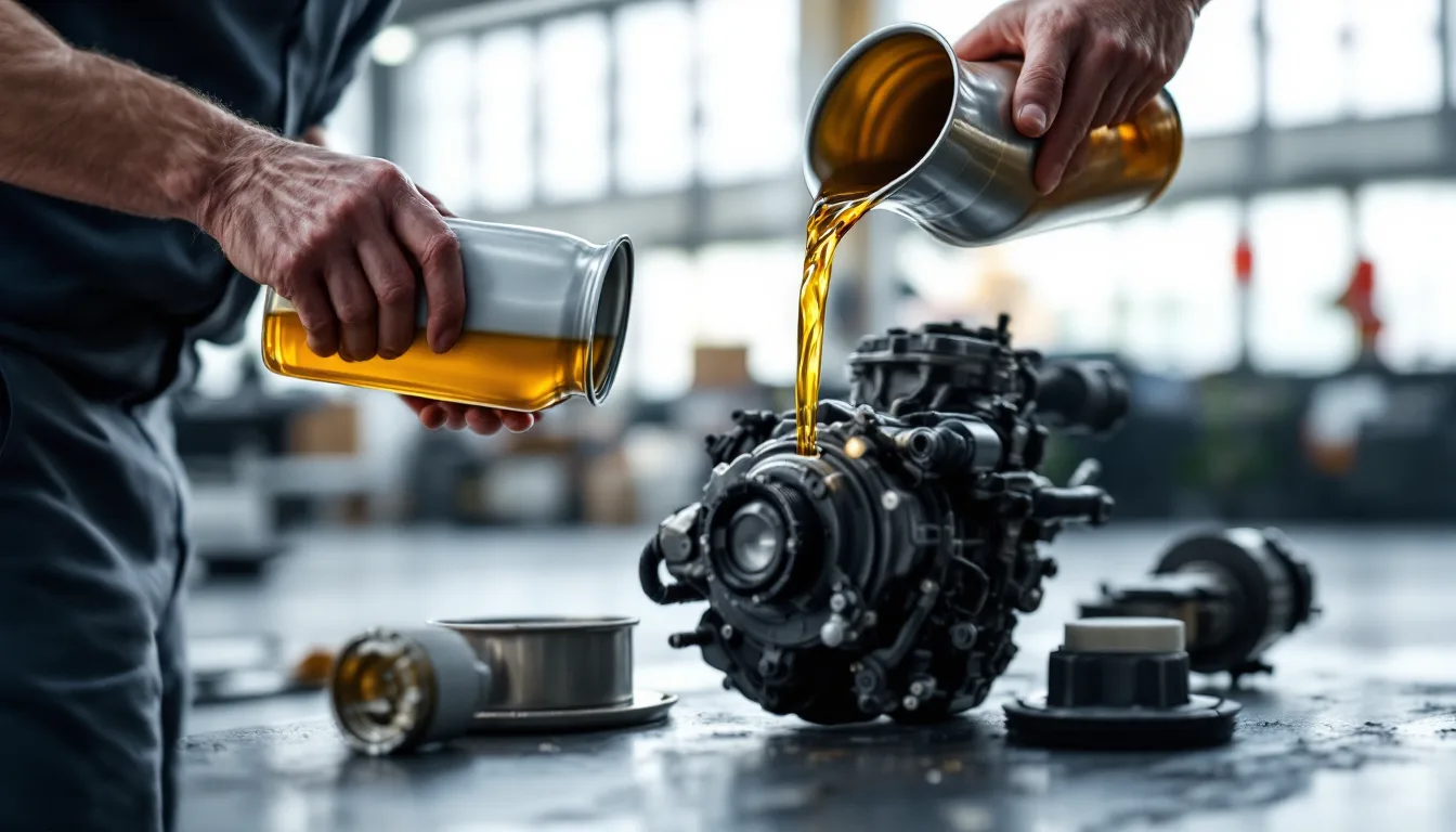 Technician pouring Mercedes-approved synthetic oil during a Service A oil change in Dallas