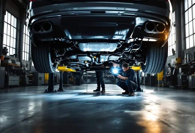Technician inspecting the underside of a Mercedes-Benz for leaks in a Dallas workshop