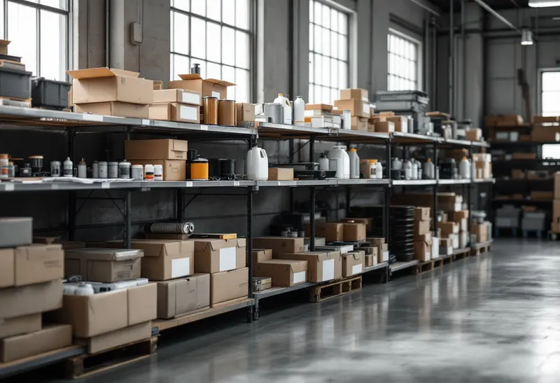 Shelf of new filters, gaskets and approved fluids used for Mercedes-Benz repairs in Dallas